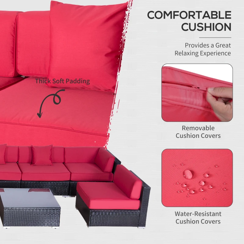 Outsunny 9 Pieces Wicker Patio Furniture Set with Cushion, PE Rattan Outdoor Conversation Set Sectional Sofa Set with 2 Loungers and Glass Tabletop, Aluminum Frame, Coffee & Red