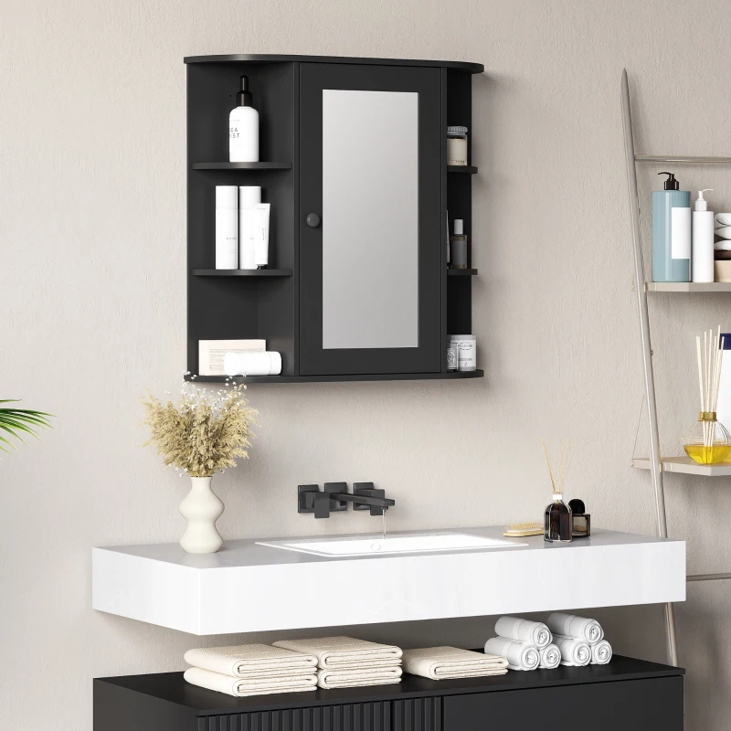 HOMCOM Mirrored Bathroom Wall Cabinet Wall Mounted Medicine Cabinet with Door & Shelves, Black