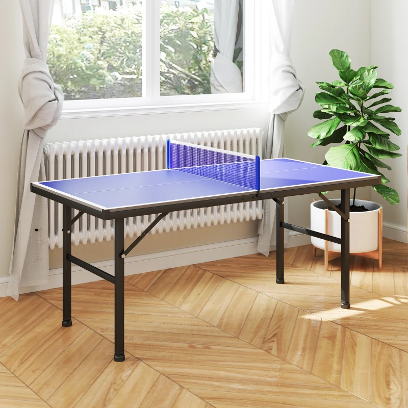 Soozier 5' x 2.5' Mini Ping Pong Table with Professional UV Treated Tabletop, Foldable Table Tennis Table with Adjustable Feet and Net for Outdoor and Indoor, Blue