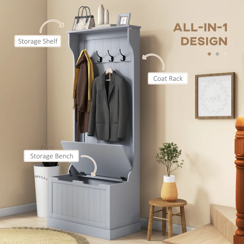 HOMCOM 3-In-1 Hall Tree with Coat Rack, Shoe Storage and Bench Seat, Entryway Bench with 4 Hooks for Hallway, Living Room, Grey