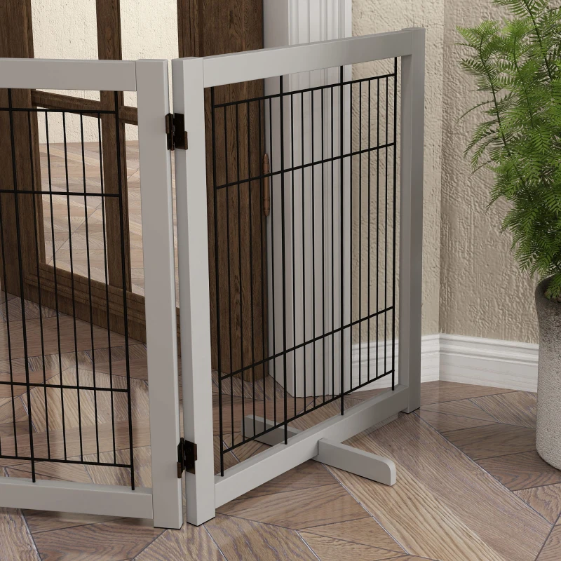 PawHut Wooden Dog Gate for Small & Medium Dogs 4 Panel w/ Support Feet Foldable Pet Fence for House Doorway Light Grey
