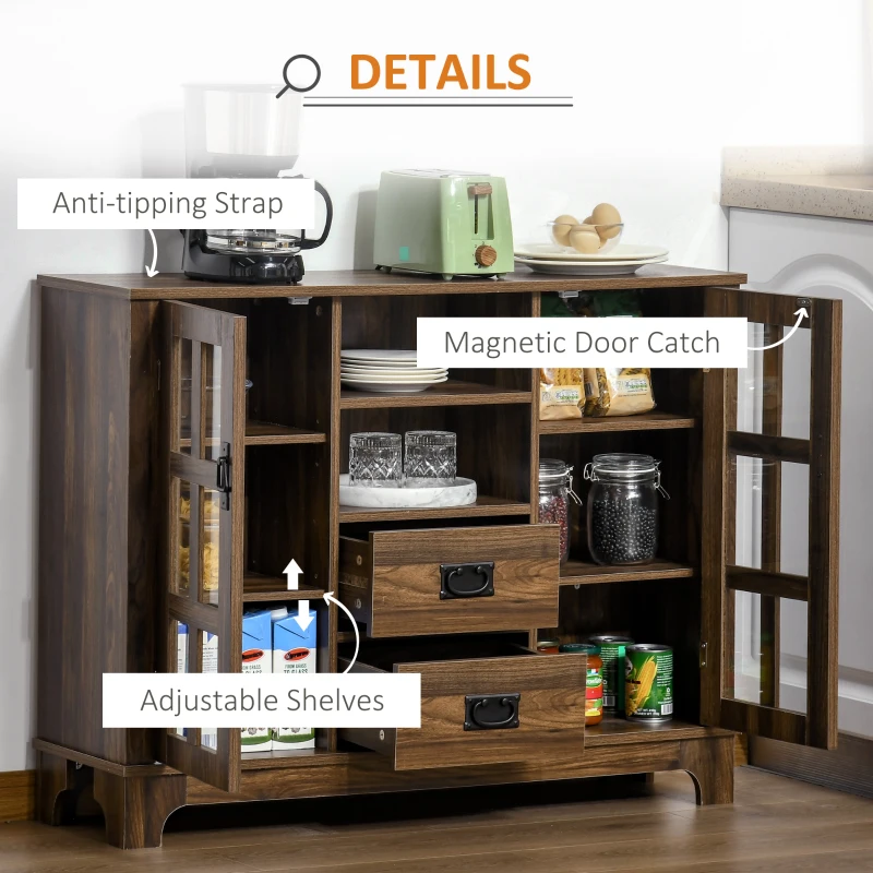HOMCOM Sideboard Buffet Cabinet with Glass Door, Coffee Bar Cabinet with Storage Drawers & Adjustable Shelves for Kitchen, Living Room, Dark Walnut