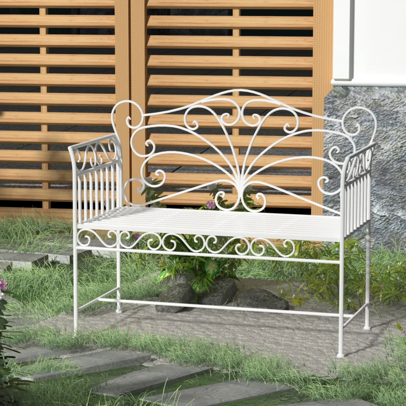 Outsunny 43" Garden Bench, Outdoor Patio Bench with Armrests, Metal Porch Bench for Backyard, Poolside, Lawn, Cream White