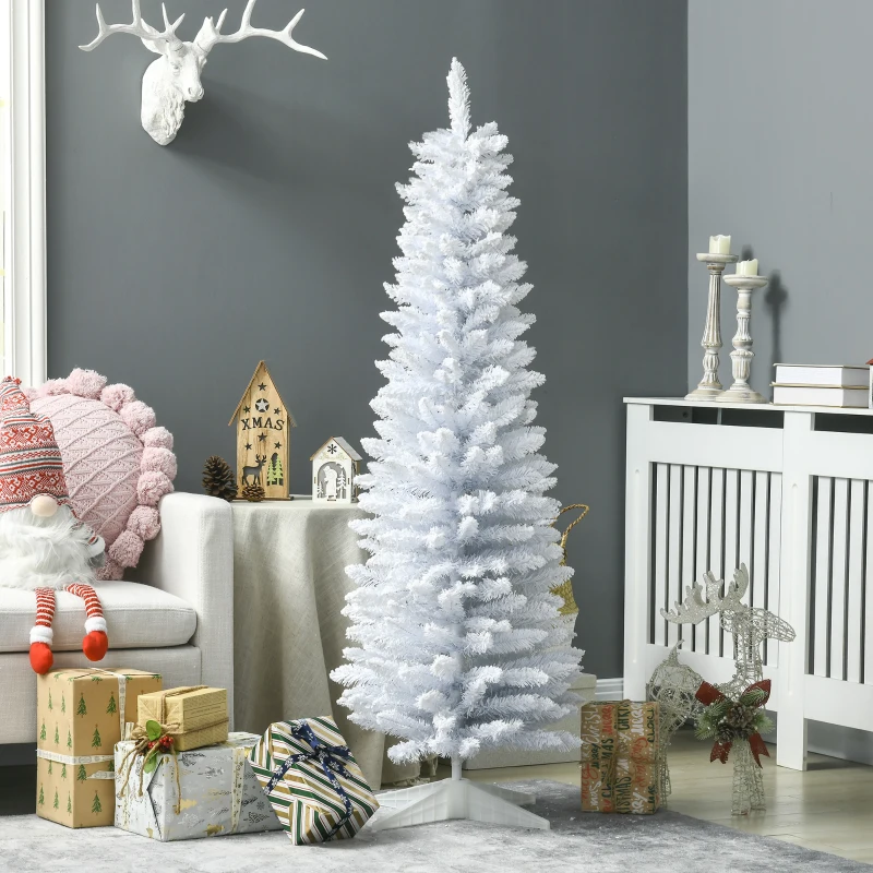 HOMCOM 5' Decorated Christmas Tree Snow Flocked Artificial Christmas Tree with Pencil Shape, Realistic Branches, White