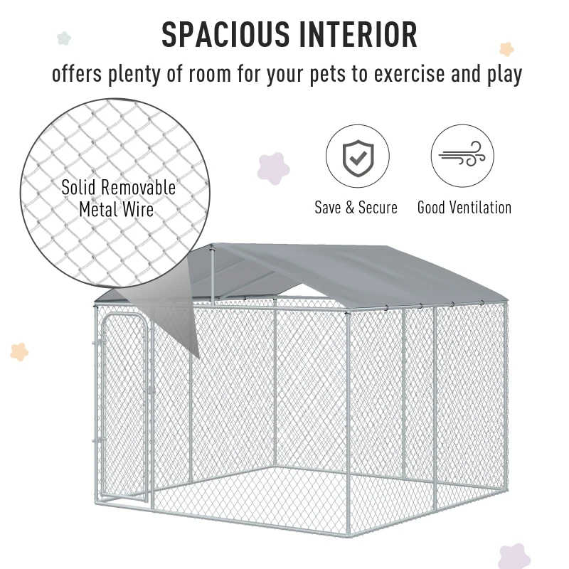 PawHut Outdoor Dog Kennel Galvanized Steel Fence with Cover Secure Lock Mesh Sidewalls for Backyard 9.8' x 9.8' x 7.7'