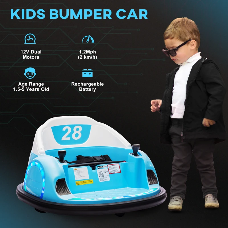 Qaba 12V Bumper Car for Toddlers, Ride On Car with 360 Degree Remote Control, Lights Music Horn, for 1.5-5 Years, Light Blue