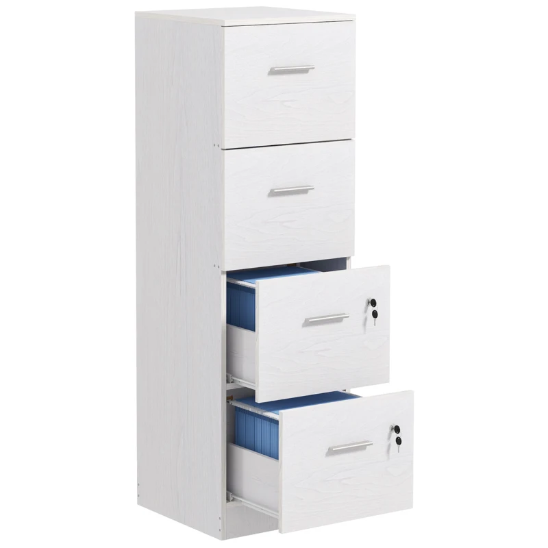 HOMCOM Vertical Filing Cabinet with Lock, 4 Drawer File Cabinet with Adjustable Hanging Bar for A4 and Letter Size, White