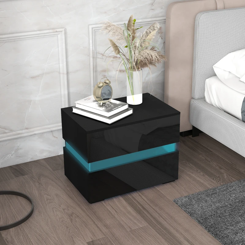 HOMCOM Modern Nightstand, Bedside Table with 2 Drawers, USB Powered RGB LED Lights, Remote for Bedroom, Black
