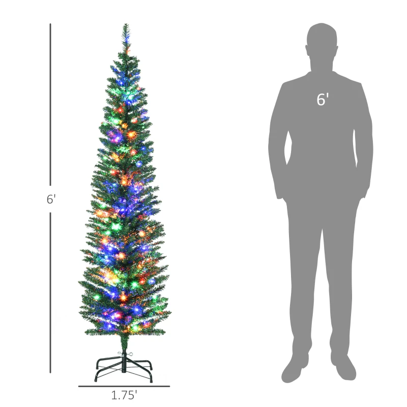 HOMCOM 6' Artificial Pencil Christmas Trees Holiday Decoration with Colorful LED Lights, Steel Base, Skinny Shape