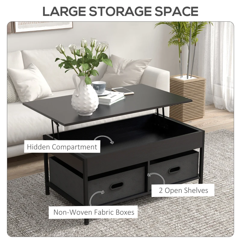 HOMCOM Industrial Coffee Table, Lift Top Coffee Table with Storage, Live Edge Coffee Table with Open Shelves and Fabric Boxes