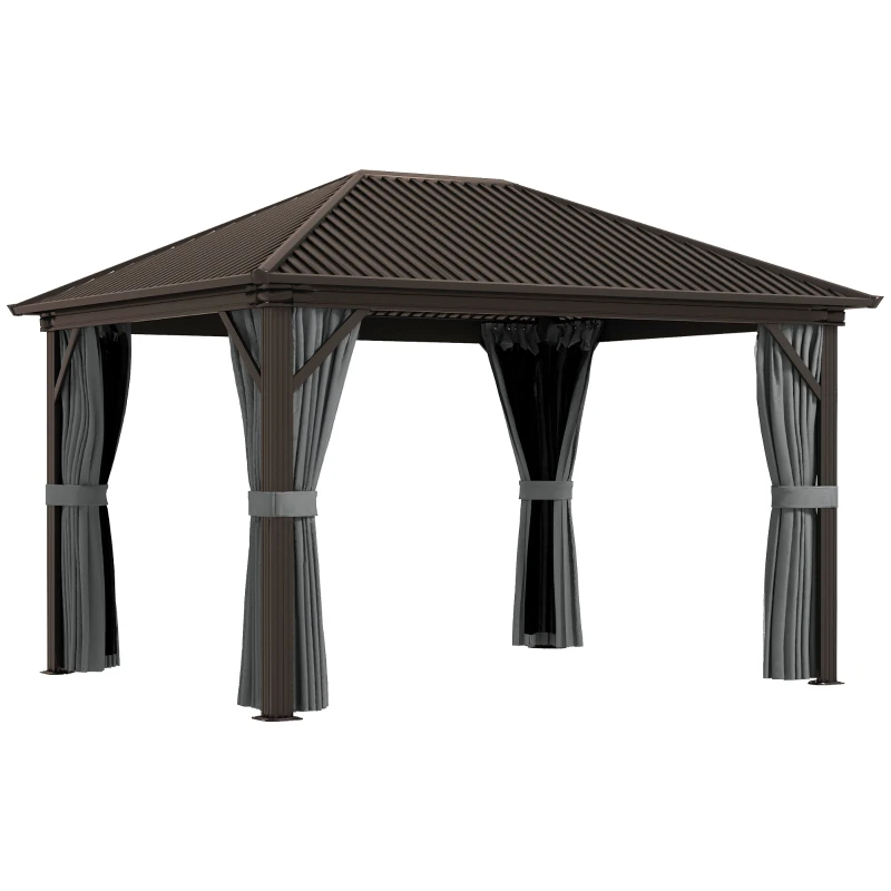Outsunny 10' x 12' Hardtop Gazebo with Galvanized Steel Roof, Metal Canopy with Top Hook, Netting and Curtains, Dark Gray