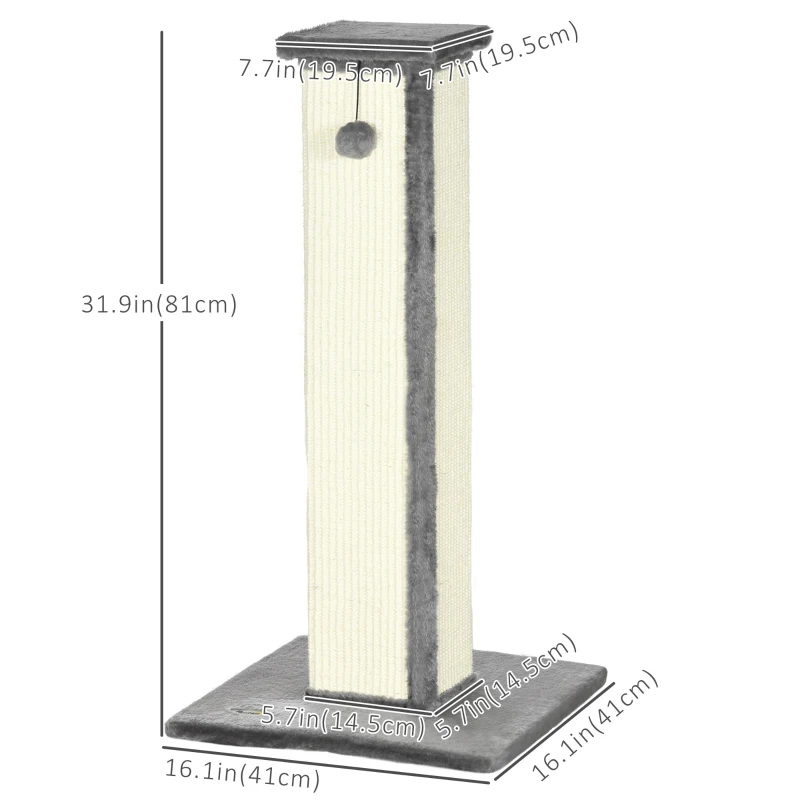 PawHut 32" Tall Cat Scratching Post for Indoor Cats and Kittens, Sisal Cat Scratcher with Hanging Ball Soft Plush, Grey