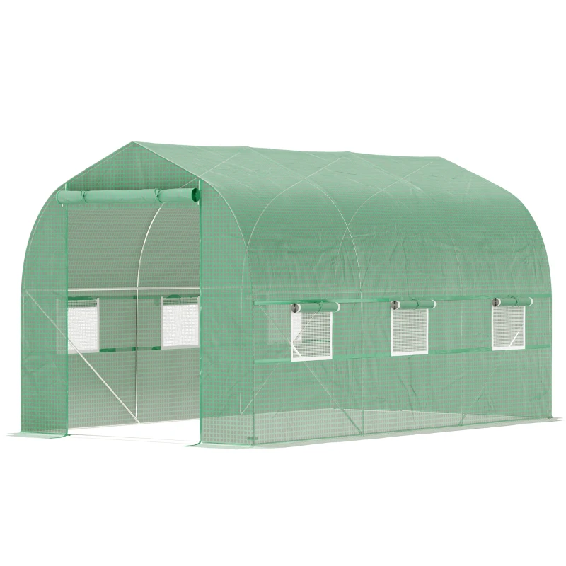 Outsunny 6.6' x 11' x 7' Walk-in Greenhouse Outdoor Plant Tunnel Warm Hot House w/ Roll Up Door and 6 Mesh Windows, Steel Frame, Green