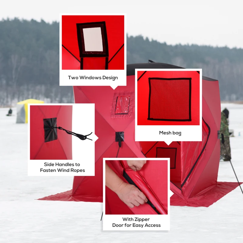 Outsunny 2 Person Ice Fishing Shelter, Pop-Up Portable Ice Fishing Tent with Carry Bag, Windows and Anchors for Low-Temp -22℉, Red