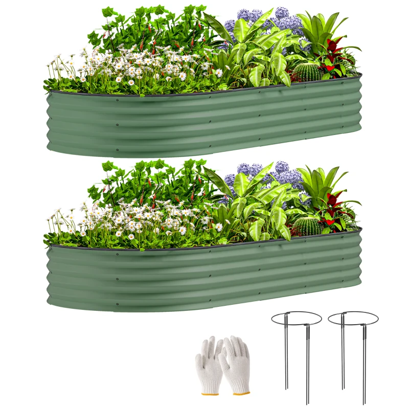 Outsunny 7' x 3' x 1' Raised Garden Bed Set, 2PCS Raised Beds for Gardening with Metal Plant Stakes, Green