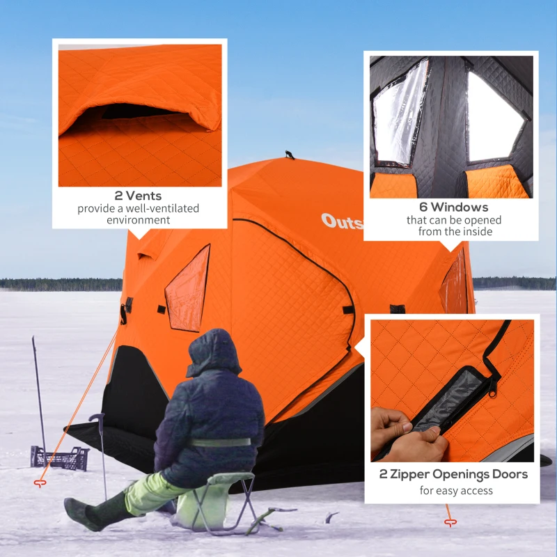 Outsunny 4 Person Ice Fishing Shelter Insulated Waterproof Portable Pop Up Ice Fishing Tent with 2 Doors for Outdoor Fishing, Orange
