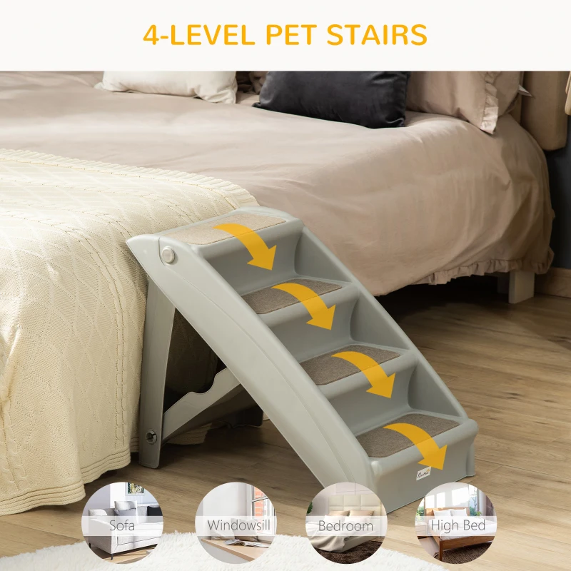 PawHut 4-Level Portable Dog Stairs, Foldable Dog Steps for Small Dogs, Lightweight Cat Steps, with Nonslip Soft Mats, for High Bed, Sofa, Grey