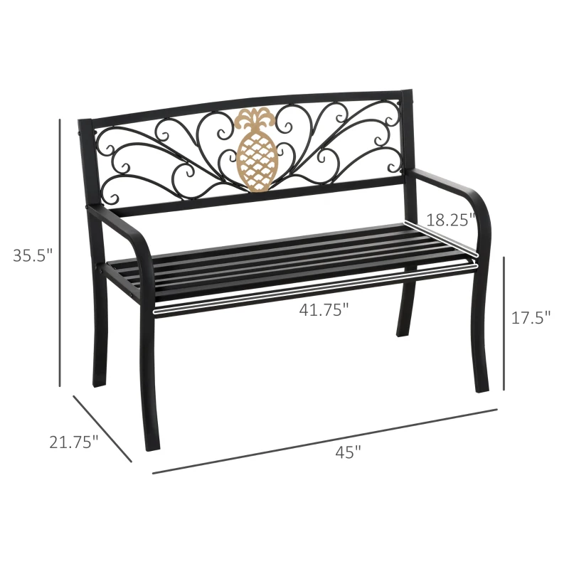 Outsunny 2 Seater Garden Bench 45" x 21.75" x 35.5" Steel Frame Loveseat for Yard, Lawn, Porch, Patio, Black and Gold