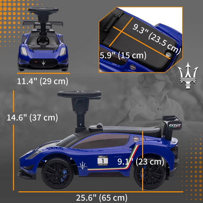 Qaba Licensed Maserati GT2 Baby Sliding Car with Storage, Music, Horn, Foot to Floor Toddler Car for 18-60 Months, Blue