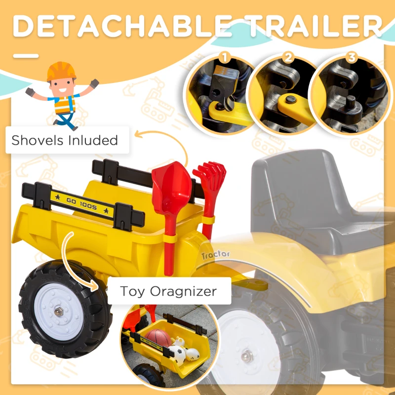 Aosom Ride on Tractor for Kids, Pedal Construction Car with Horn & Detachable Trailer for 3 Year Old, Yellow