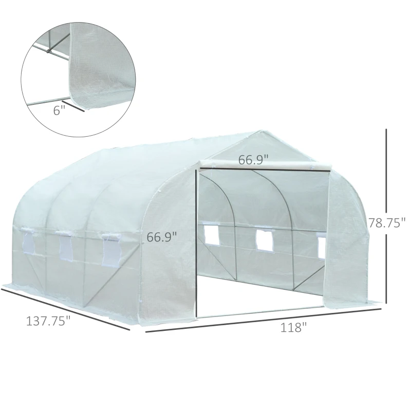 Outsunny 11.5' x 10' x 6.5' Outdoor Walk-in Greenhouse, Tunnel Green House with Roll-up Windows, Zippered Door, PE Cover, Heavy Duty Steel Frame, White