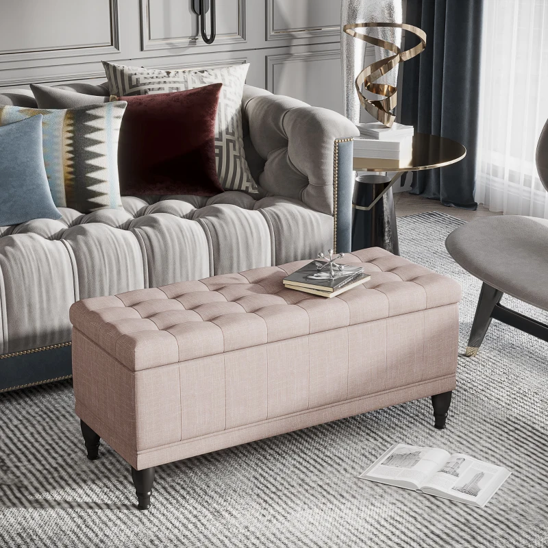 HOMCOM Storage Ottoman, Linen Fabric Button Tufted Storage Bench with Soft Close Lid for Living Room, Entryway or Bedroom, Beige