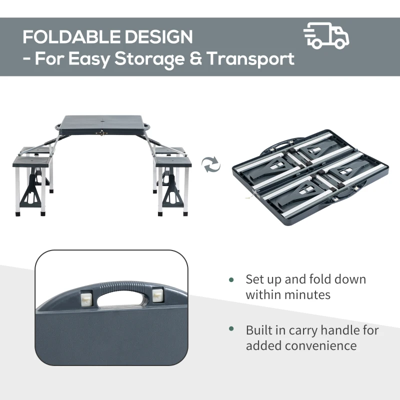 Outsunny Portable Foldable Camping Picnic Table with Seats Chairs and Umbrella Hole, Fold Up Travel Picnic Table, Grey