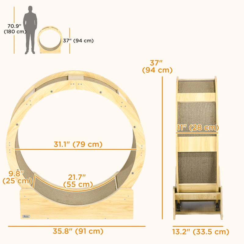 PawHut 36" Cat Wheel for Indoor Cats with Brake, Scratching Pads, Oak