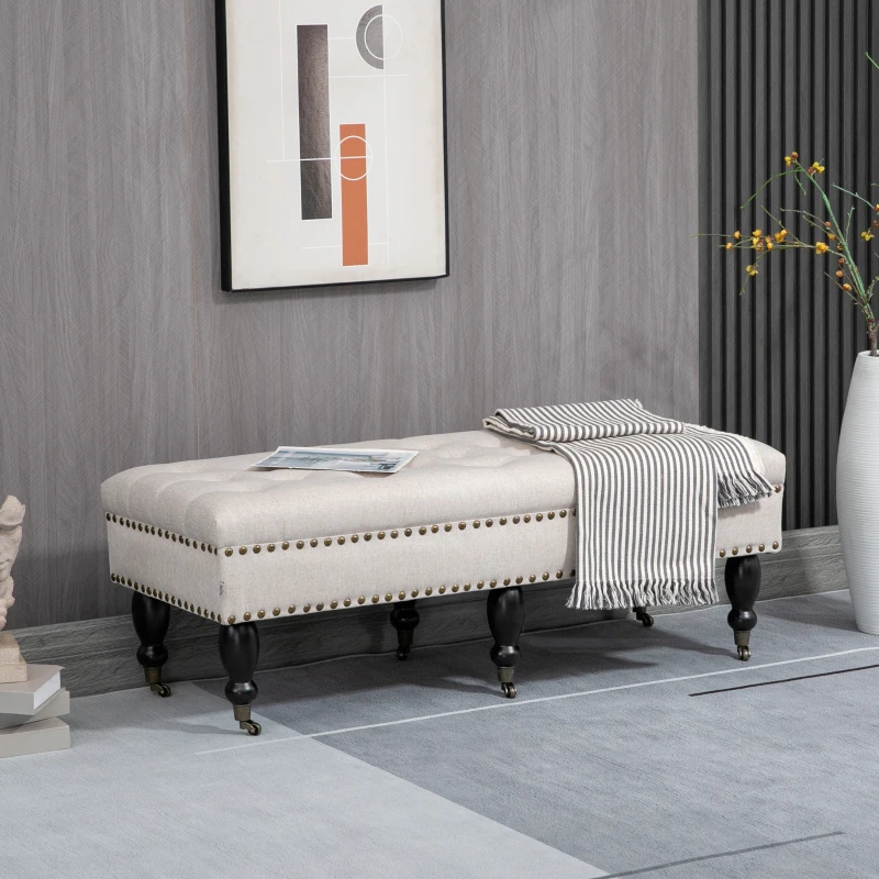 HOMCOM Mobile End of Bed Bench, Upholstered Bedroom Entryway Bench with Button-Tufted, Accent Ottoman with Nailhead Trim and Wheels, Beige