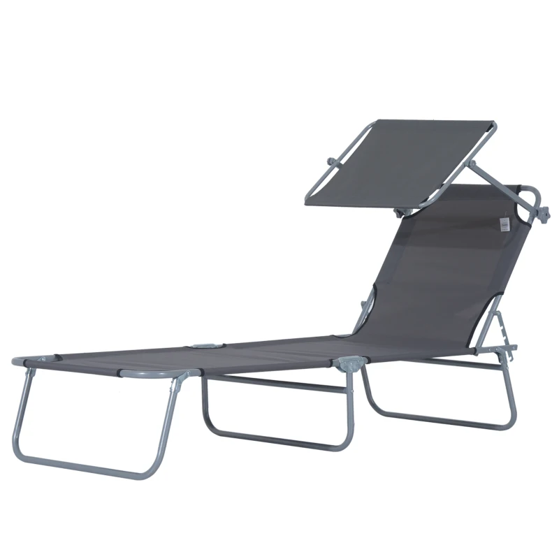 Outsunny Outdoor Lounge Chair, Adjustable Folding Chaise Lounge,  Tanning Chair with Sun Shade for Beach, Camping, Hiking, Backyard, Grey