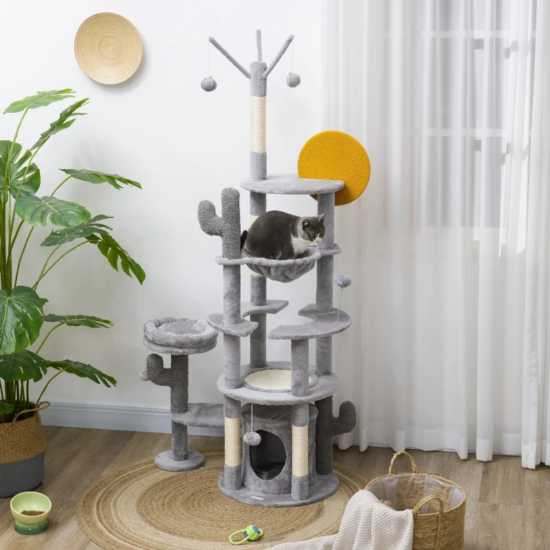 PawHut 71" Cat Tree, Cat Tower with Scratching Posts, Sisal Pad, Cat Condo, Bed, Hammock, Platforms, Toy Balls, Light Grey