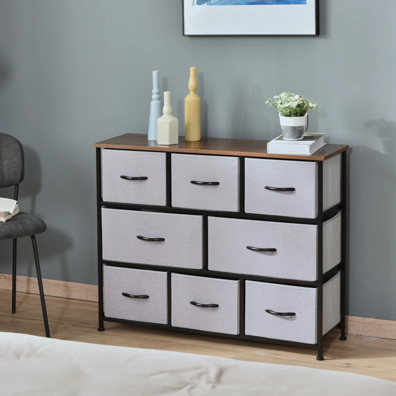 HOMCOM Dresser for Bedroom with 8 Drawers, 3-Tier Fabric Chest of Drawers, Tall Dresser Storage Tower with Steel Frame and Wooden Top for Closets, Nursery Room, Grey