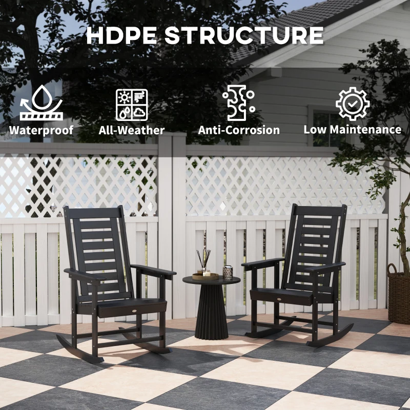 Outsunny 2 Pieces Outdoor Rocking Chairs, HDPE Patio Rockers with 28" High Back, Wide Armrests for Porch Backyard, Black