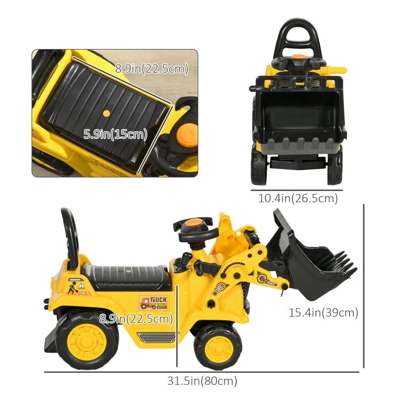 HOMCOM Ride-On Toy Bulldozer with Bucket Horn Steering Wheel Storage Toddlers for 18-48 Months, Yellow