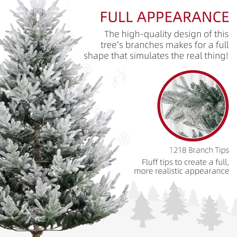 HOMCOM 7.5 FT Artificial Christmas Tree, Flocked Hinged Xmas Tree with 1218 Tips, Steel Base, Auto Open, Green