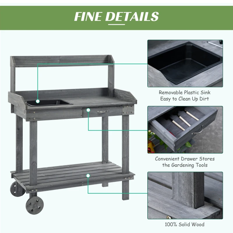 Outsunny 36" Wooden Potting Bench Work Table with 2 Removable Wheels, Sink, Drawer & Large Storage Spaces, Gray