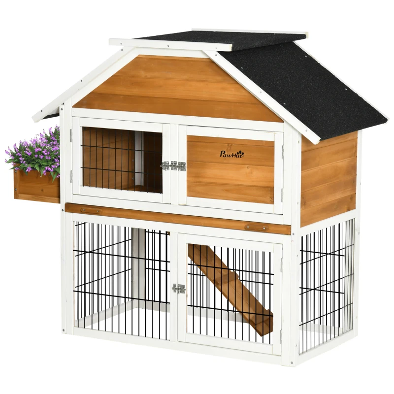 PawHut Rabbit Hutch Outdoor for 2 Rabbits, Wooden Rabbit Cage with Flower Bed, Removable Tray, Ramp