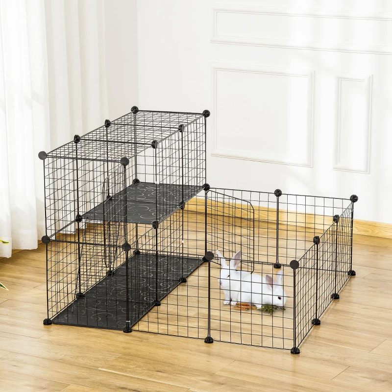 PawHut 2-Tier Foldable Metal Small Animal Playpen Pet Fence with Reshaping Customizable Design, Large Guinea Pig Cage, Bunny Rabbit Cage, and Chinchilla Cage, C&C Cage and Metal Playpen with Mats
