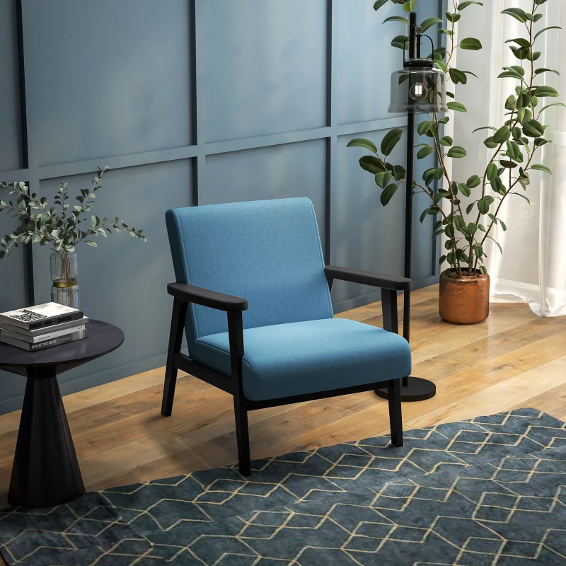 HOMCOM Mid-Century Modern Accent Chair Retro Fabric Armchair Wooden Arm Upholstered Lounge Chair for Living Room Blue