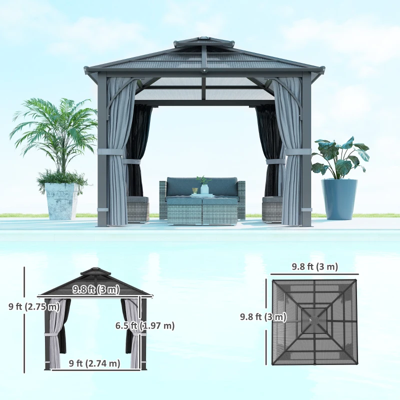 Outsunny 10' x 10' Hardtop Gazebo with 7mm Double Polycarbonate Roof, Outdoor Gazebo with Netting and Curtains