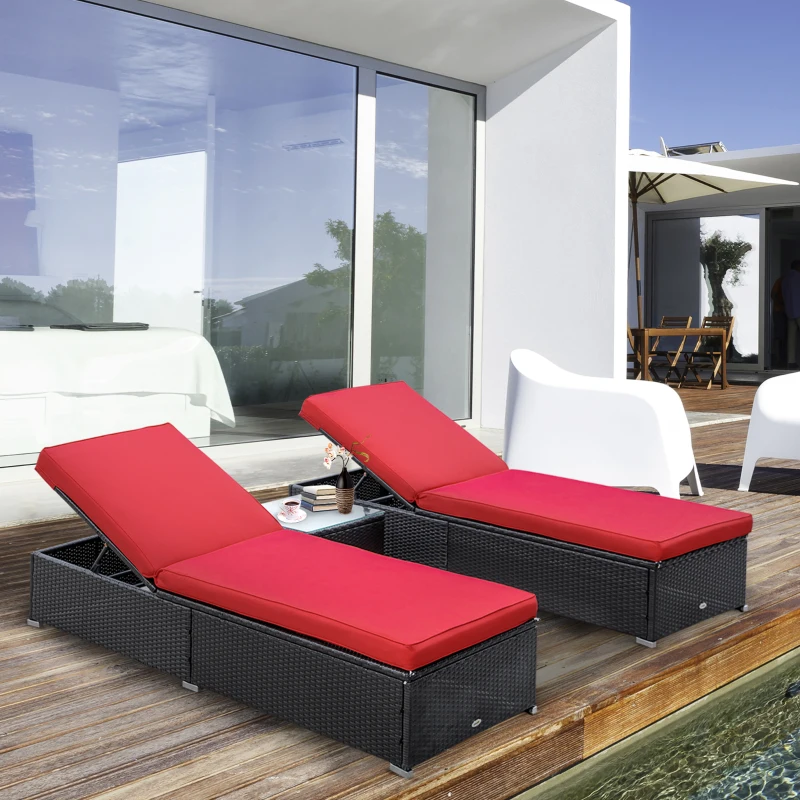 Outsunny Chaise Lounge Chair Set of 2 with 5 Angle Backrest, Outdoor Coffee Table, Water Repellent Cushions, PE Rattan Wicker Poolside Chairs, 3-Piece Pool Furniture Set, Dark Brown/Red