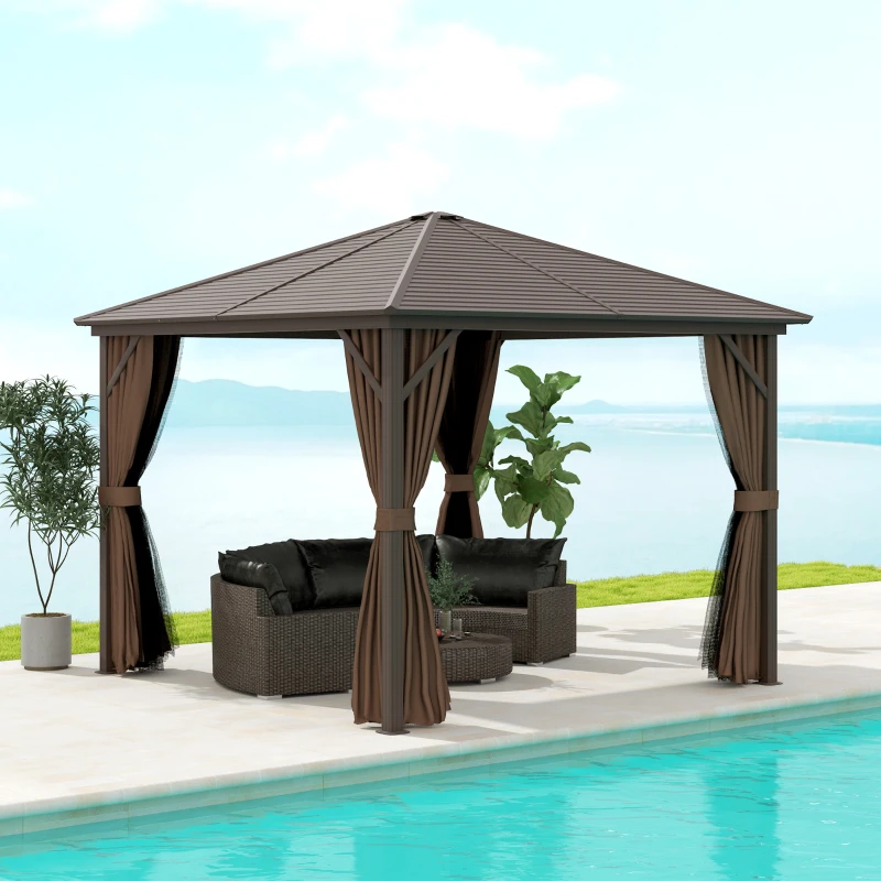 Outsunny 10' x 10' Hardtop Gazebo Canopy, Permanent Pavilion with Hook, Curtains, Aluminum Frame for Patio, Garden, Dark Brown
