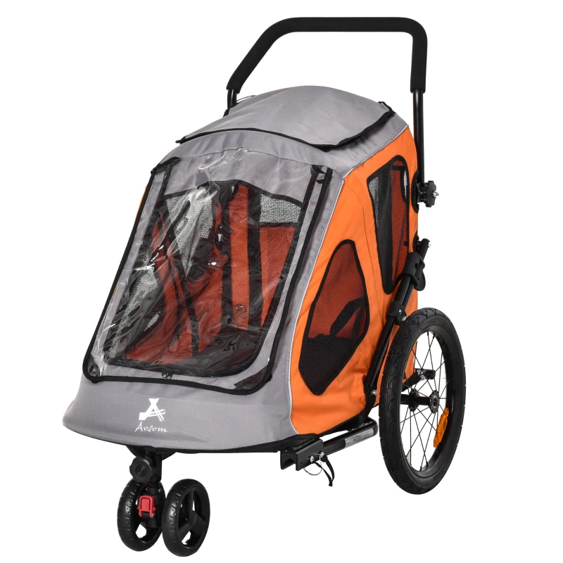 Aosom Dog Bike Trailer 2-In-1 Pet Stroller Cart Bicycle Wagon Cargo Carrier Attachment for Travel with 360 Swivel Wheel Reflectors Parking Brake Straps Cup Holder Orange