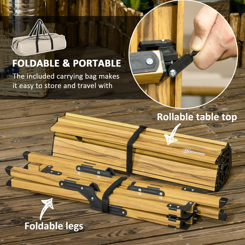 Outsunny 4ft Low Height Folding Camping Table, Roll-Up Aluminum Picnic Table with Carry Bag, Waterproof & Woodgrain Finish, Portable Table for Travel, BBQ, Beach, or Hiking