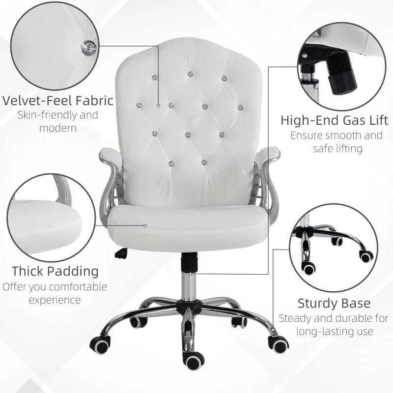 Vinsetto Velvet Office Chair Desk Chair with 360 Degree Swivel Wheels Adjustable Height Tilt Function White