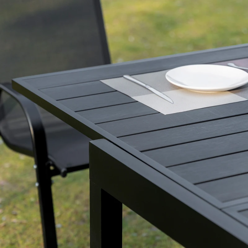 Outsunny Extendable Dining Table Metal Outdoor Slat Table for 4-6 Person Rectangular Lawn Garden Bistro Patio Table with Aluminum Frame, Black