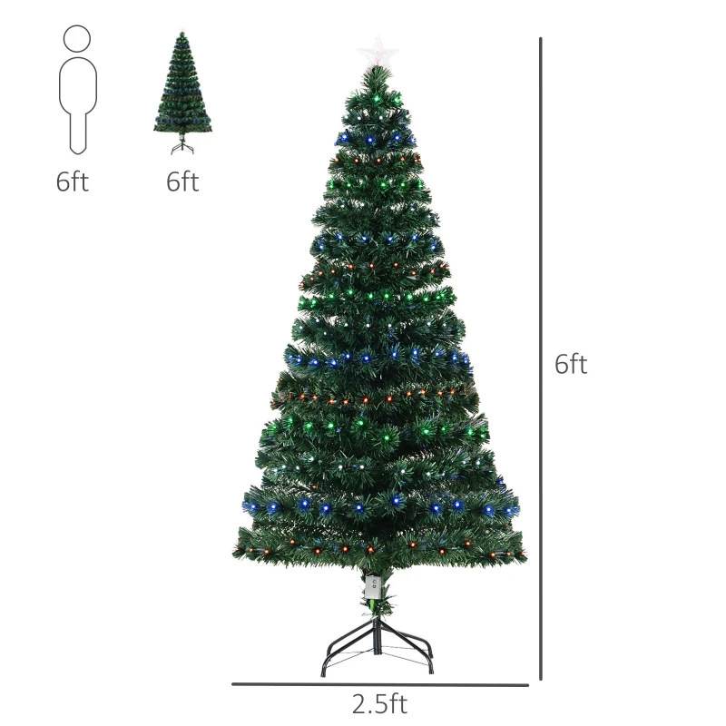 HOMCOM 6' Tall Prelit Full Fir Artificial Christmas Tree with Realistic Branches, 230 Green/Red/Blue  Fiber Optic Lights and 230 Tips