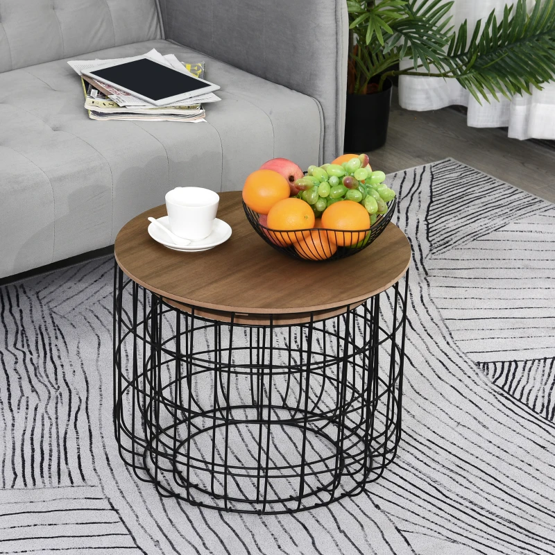 HOMCOM Round Coffee Table Set of 2, Industrial End Tables with Extra Storage Space for Living Room, Brown and Black