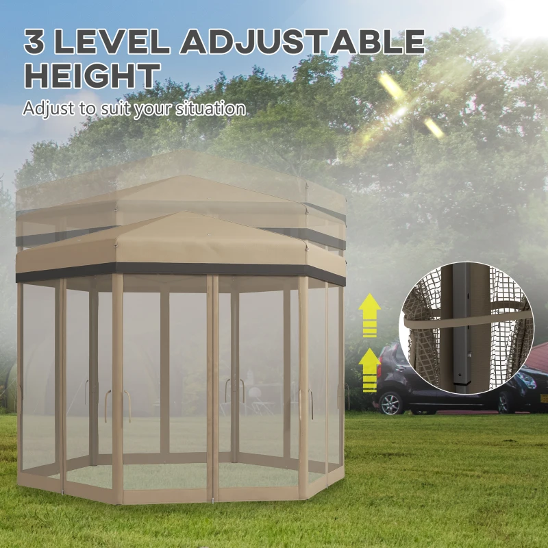 Outsunny 12'x12' Pop Up Canopy, Hexagon Gazebo with Netting, Carry Bag, Height Adjustable Instant Shelter, Khaki