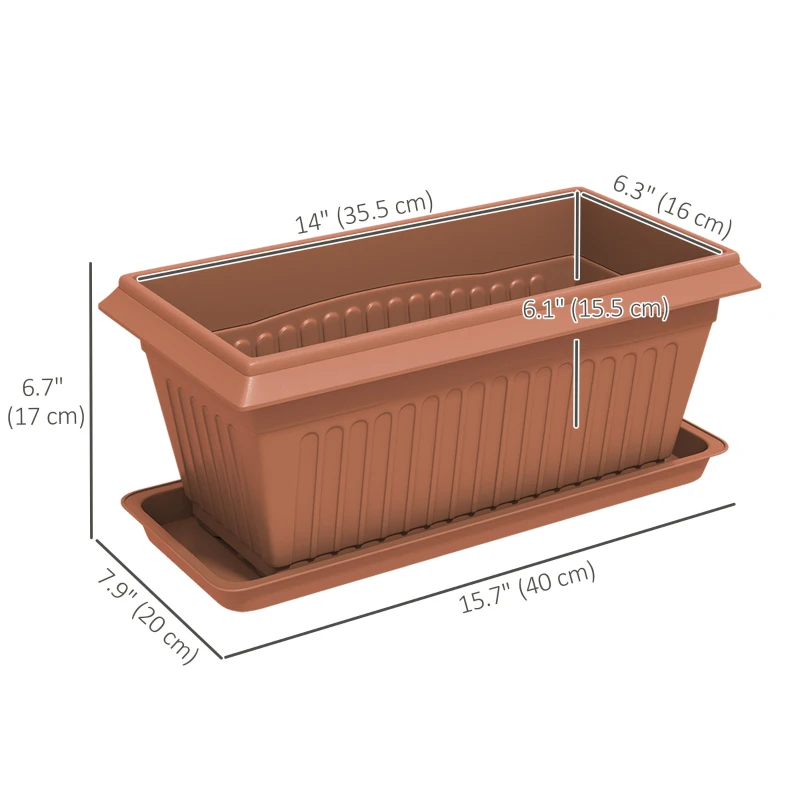 Outsunny 7 Pack 15.7" Plastic Flower Planters with Drainage Holes and Trays, Plant Pots for Indoor Outdoor Plants, Brown